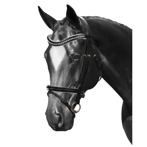 Flexible Fit Equestrian Black English Bridle Rose Gold Crystal Wave with Padded Leather Reins