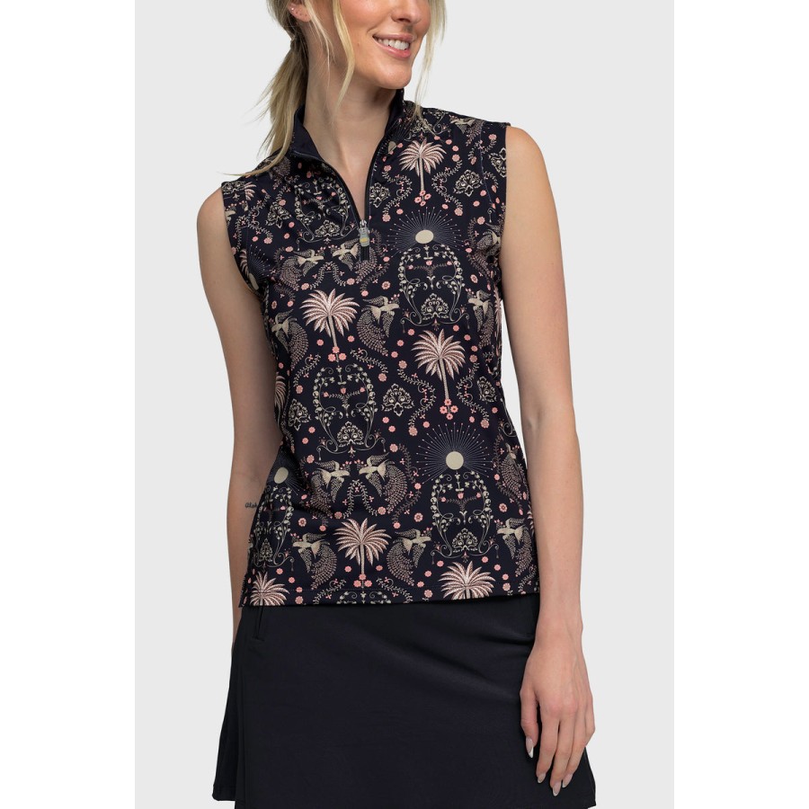 Kastel Sleeveless Ruched Back Black Regal Palm Shirt