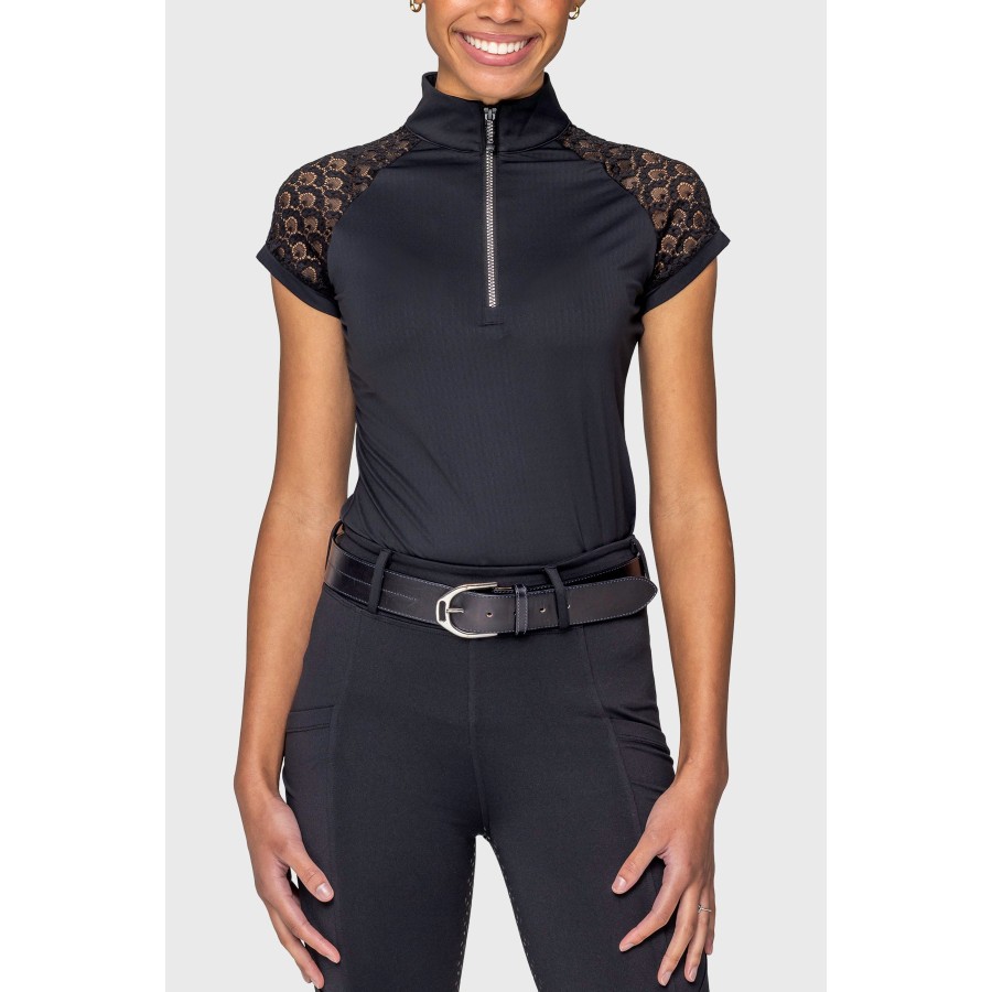 Kastel Scallop Lace Cap Sleeve Top Black Crystal Zip