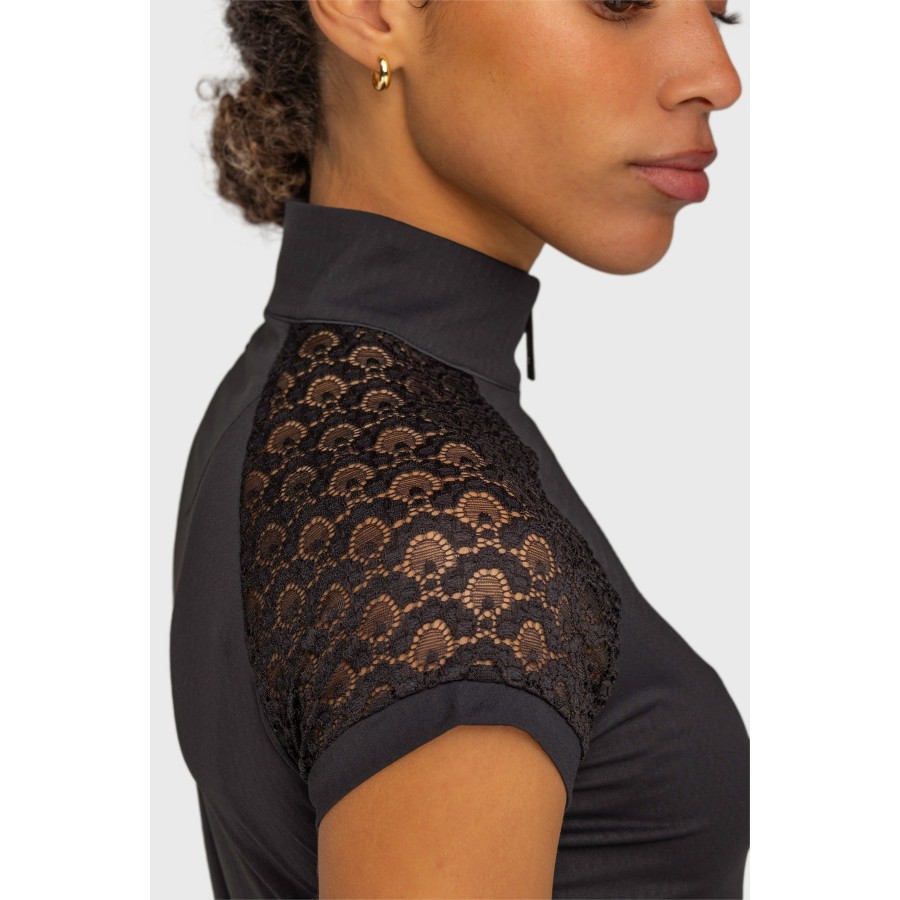 Kastel Scallop Lace Cap Sleeve Top Black Crystal Zip - Image 2