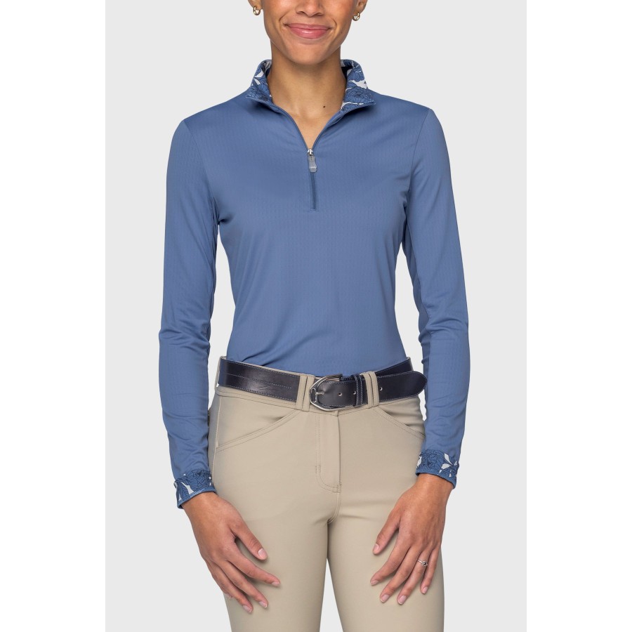 Kastel Long Sleeve Top Printed Collar/Cuff Pacific Blue Wild Rose