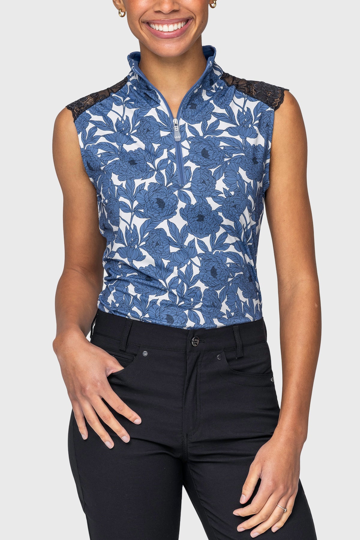 Kastel Lace Shoulder Tank Top Pacific Blue Wild Rose